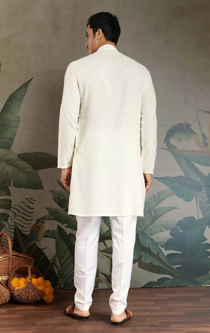 White Viscose Silk Thread, Sequence Embroidered with Mirror Work Kurta With Pant & Dupatta - qivii