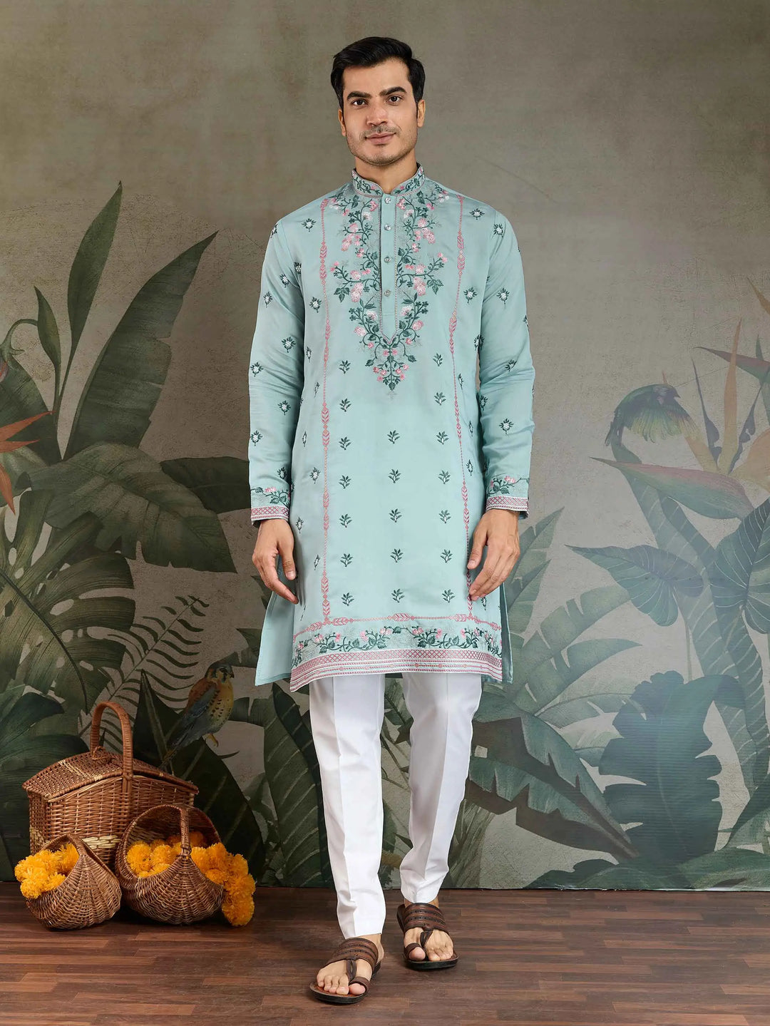 Cadet Blue Viscose Silk Thread And Sequins Embroidery Work Kurta With Pant - qivii