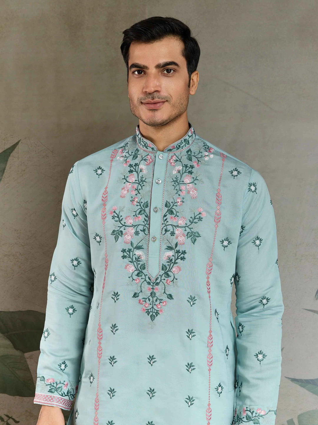 Cadet Blue Viscose Silk Thread And Sequins Embroidery Work Kurta With Pant - qivii