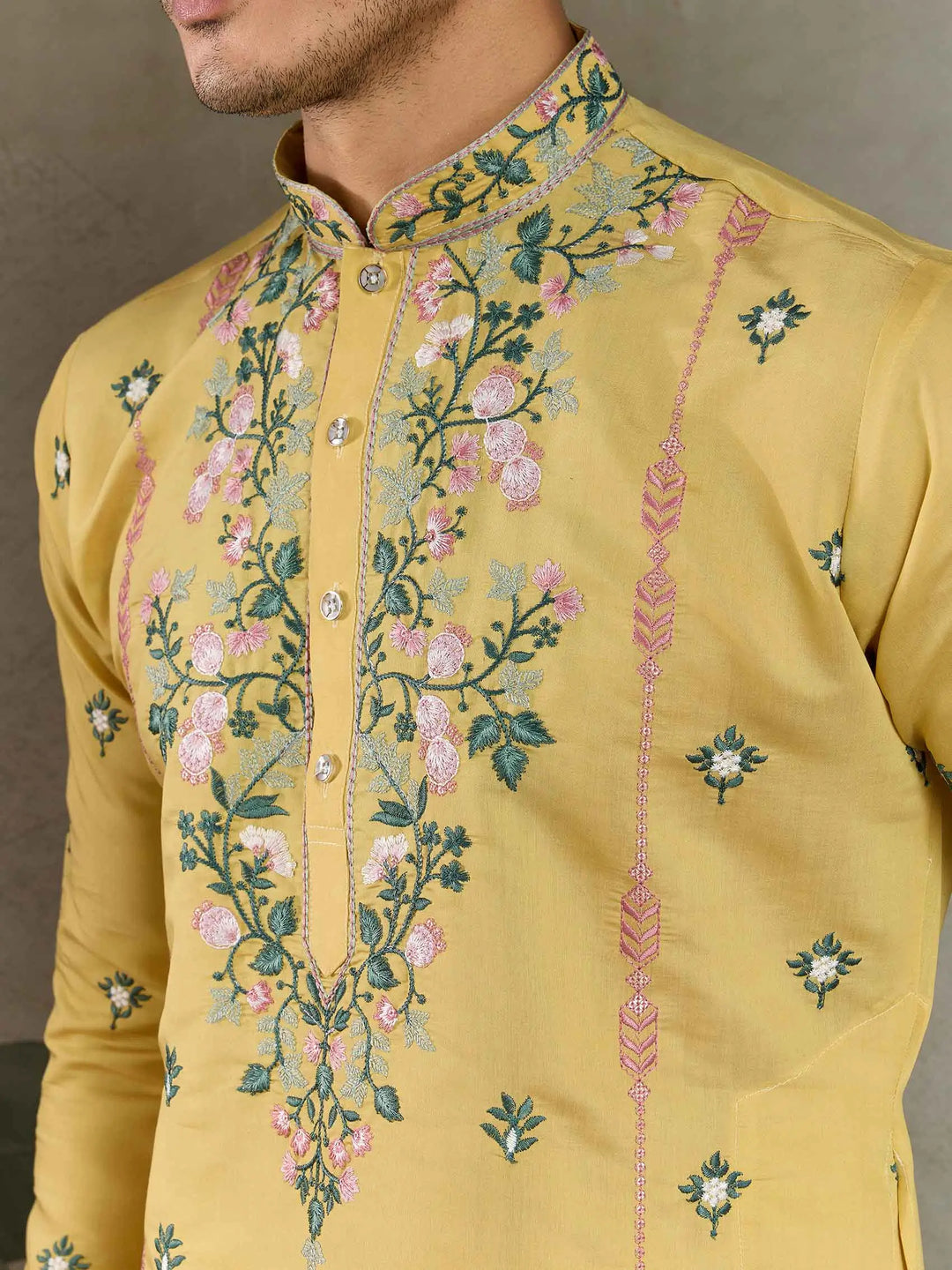 Cool Yellow Viscose Silk Thread And Sequins Embroidery Work Kurta With Pant - qivii