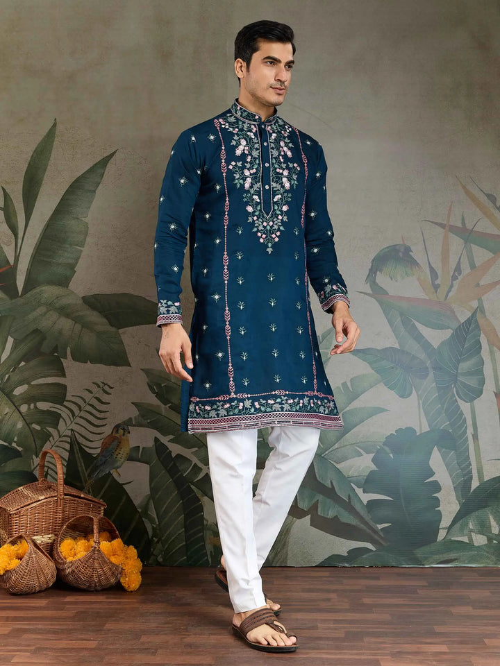 Nile Blue Viscose Silk Thread And Sequins Embroidery Work Kurta With Pant - qivii