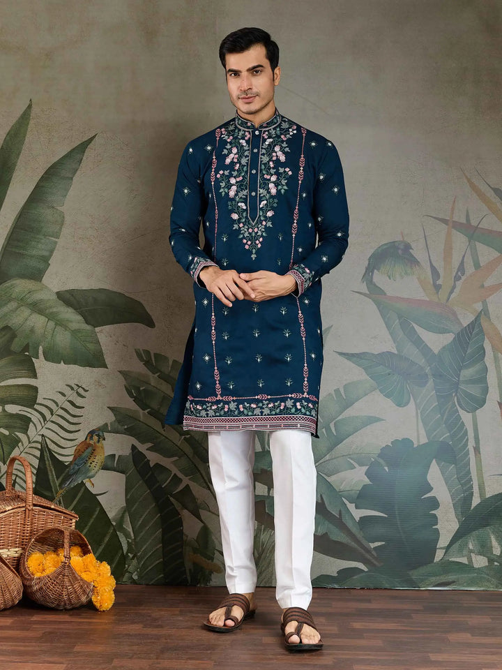 Nile Blue Viscose Silk Thread And Sequins Embroidery Work Kurta With Pant - qivii