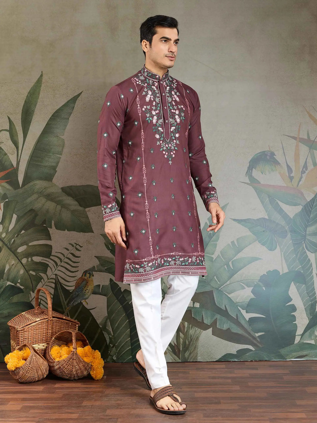 Pastel Chocolate Viscose Silk Thread & Sequins Embroidery Work Kurta With Pant - qivii
