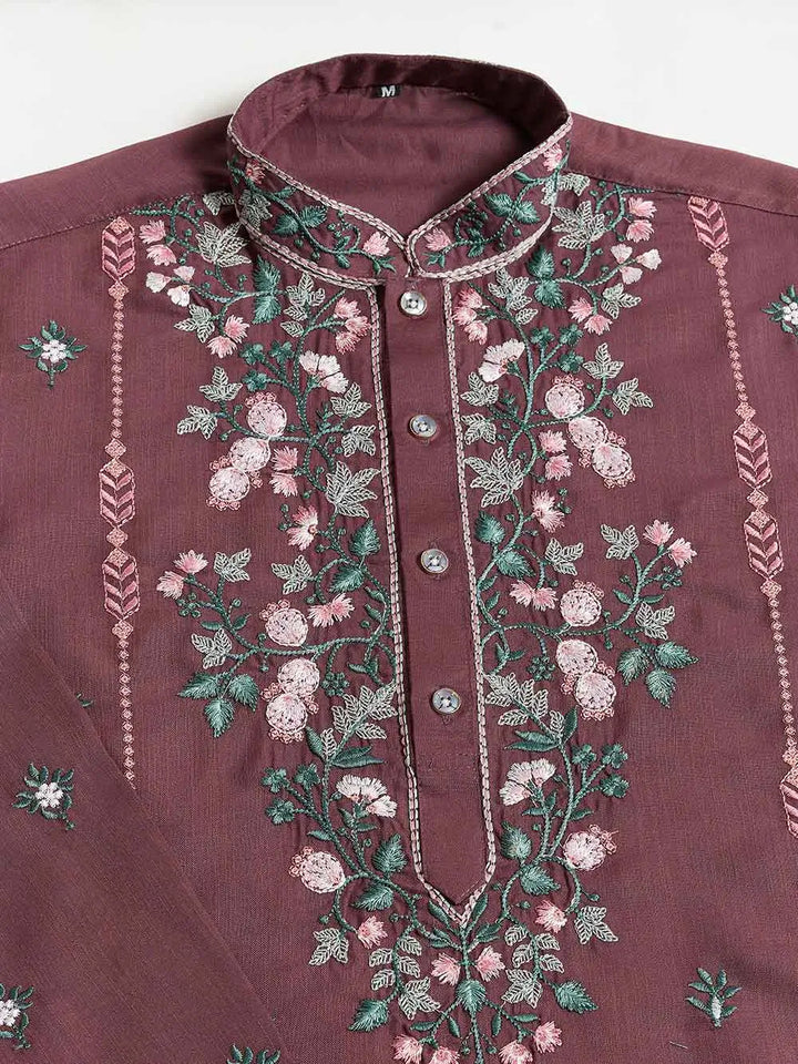 Pastel Chocolate Viscose Silk Thread & Sequins Embroidery Work Kurta With Pant - qivii