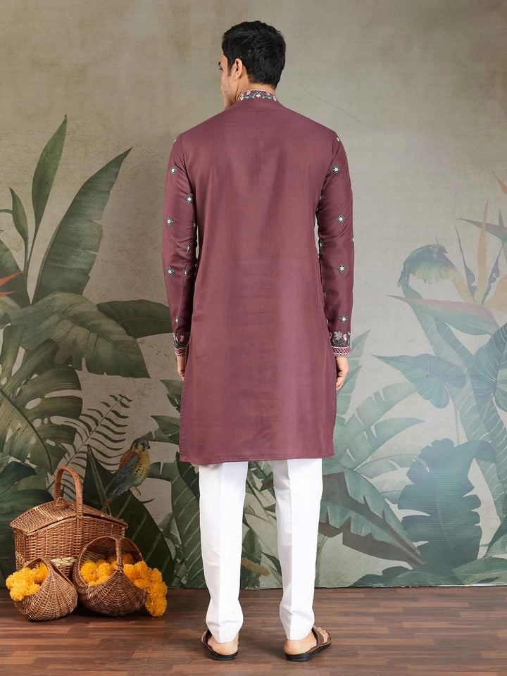 Pastel Chocolate Viscose Silk Thread & Sequins Embroidery Work Kurta With Pant - qivii