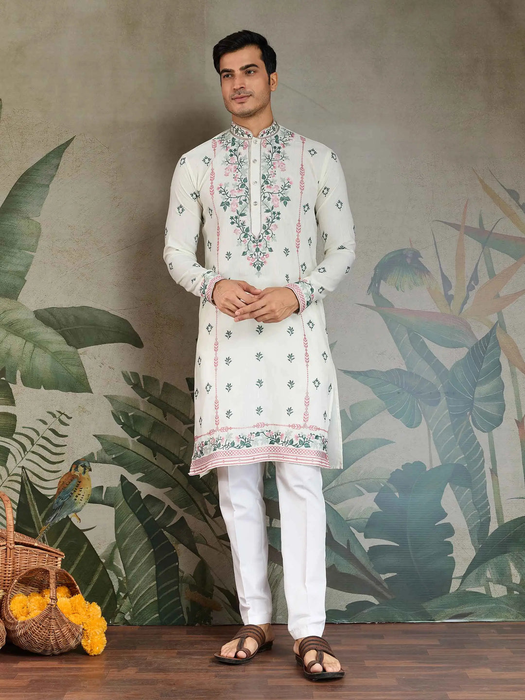 White Viscose Silk Thread And Sequins Embroidery Work Kurta With Pant - qivii