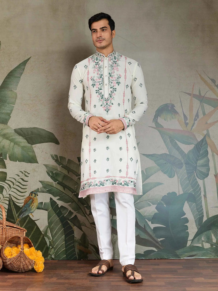 White Viscose Silk Thread And Sequins Embroidery Work Kurta With Pant - qivii