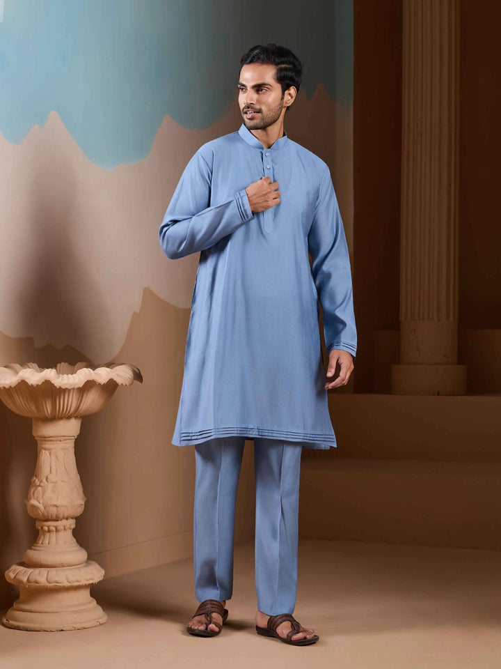 Sky Blue Kurta Set With Embroidery Sequins Jacket