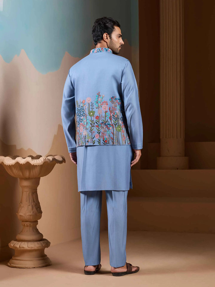 Sky Blue Kurta Set With Embroidery Sequins Jacket