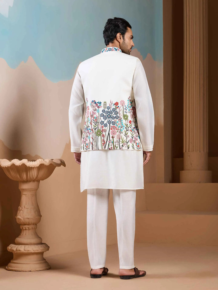 White Kurta Set With Embroidery Sequins Jacket