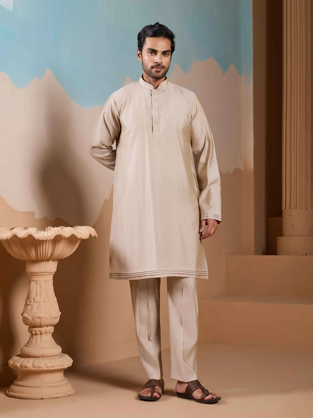Beige Kurta Set With Embroidery Sequins Jacket