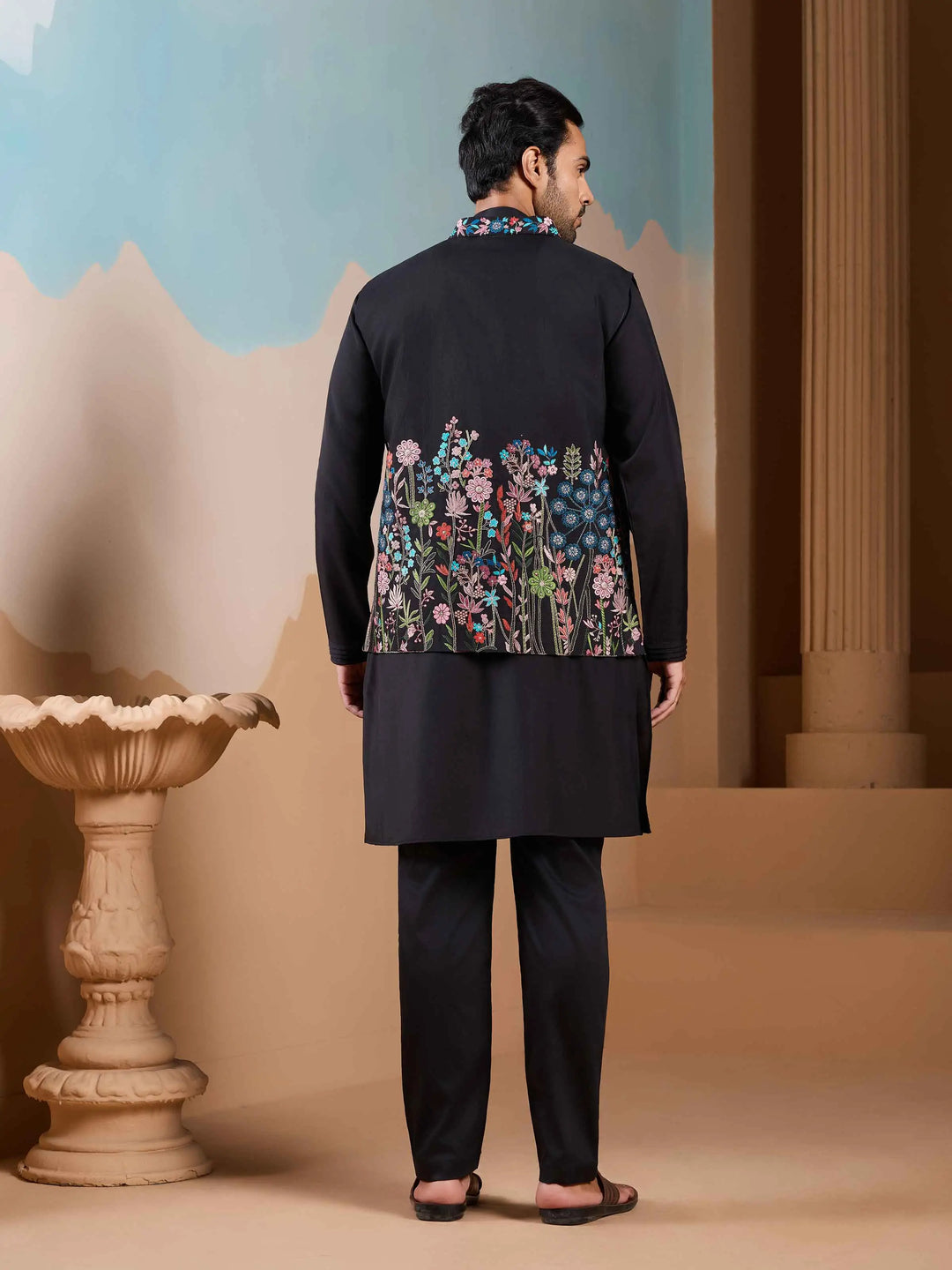 Black Kurta Set With Embroidery Sequins Jacket