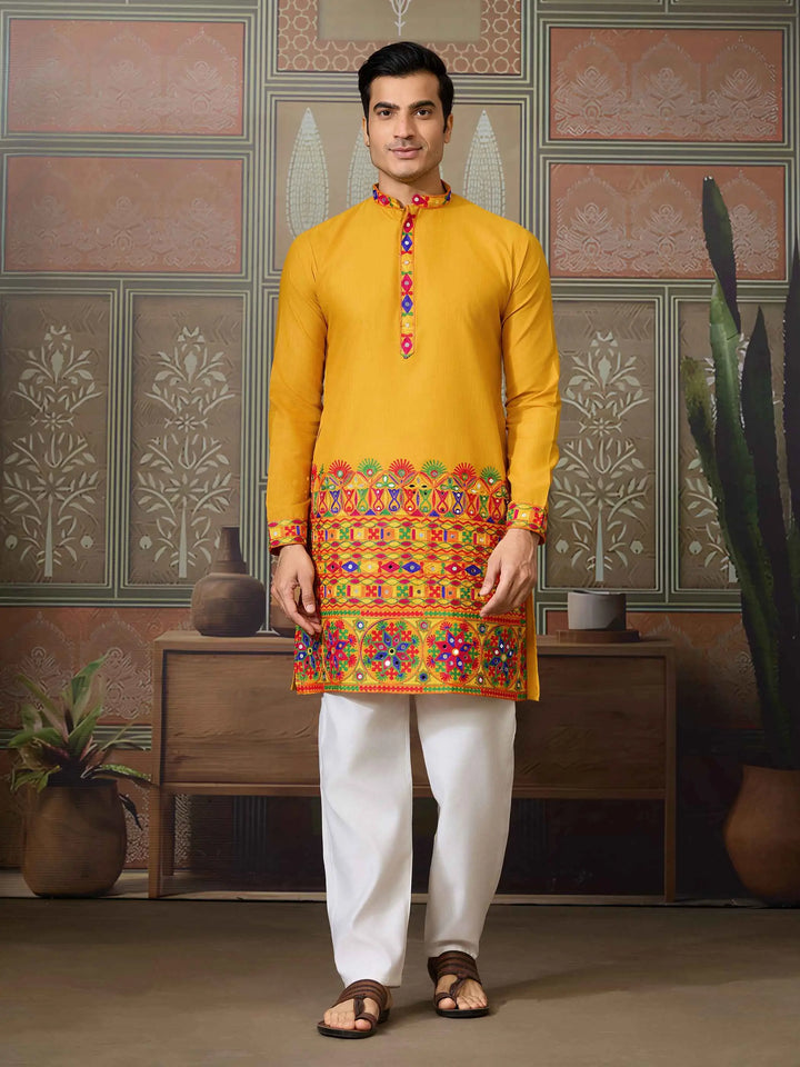 Yellow Multi Thread And Real Mirror Work Kurta Set For Navratri - qivii