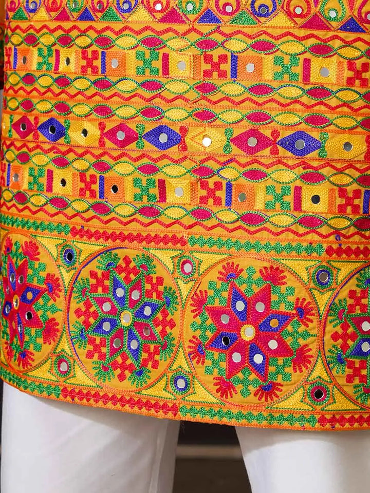 Yellow Multi Thread And Real Mirror Work Kurta Set For Navratri - qivii