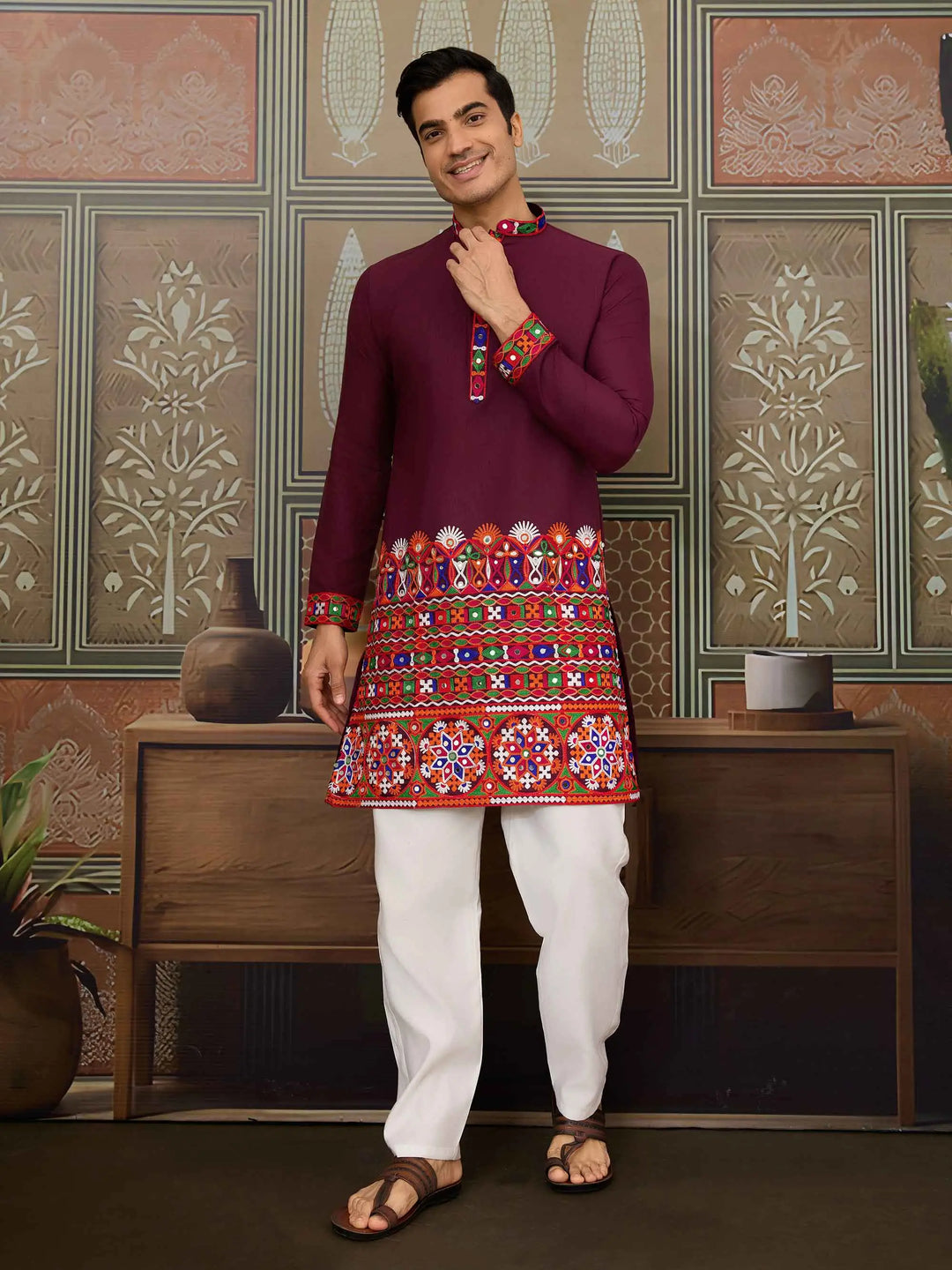 Wine Multi Thread And Real Mirror Work Kurta Set For Navratri - qivii