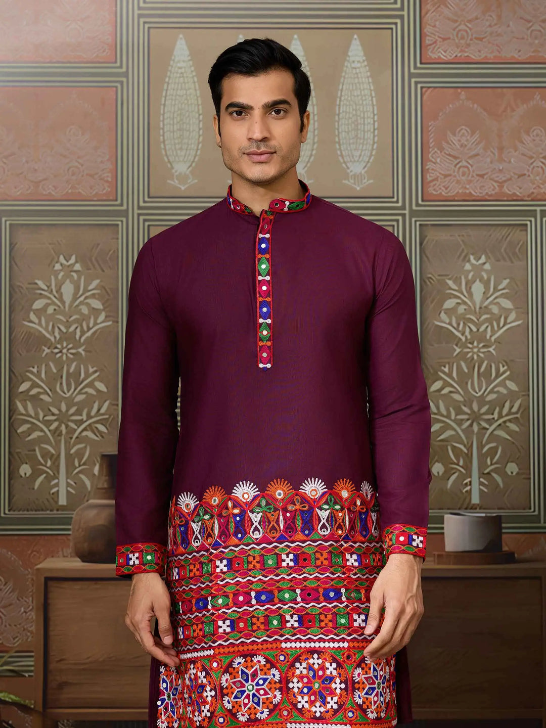 Wine Multi Thread And Real Mirror Work Kurta Set For Navratri - qivii
