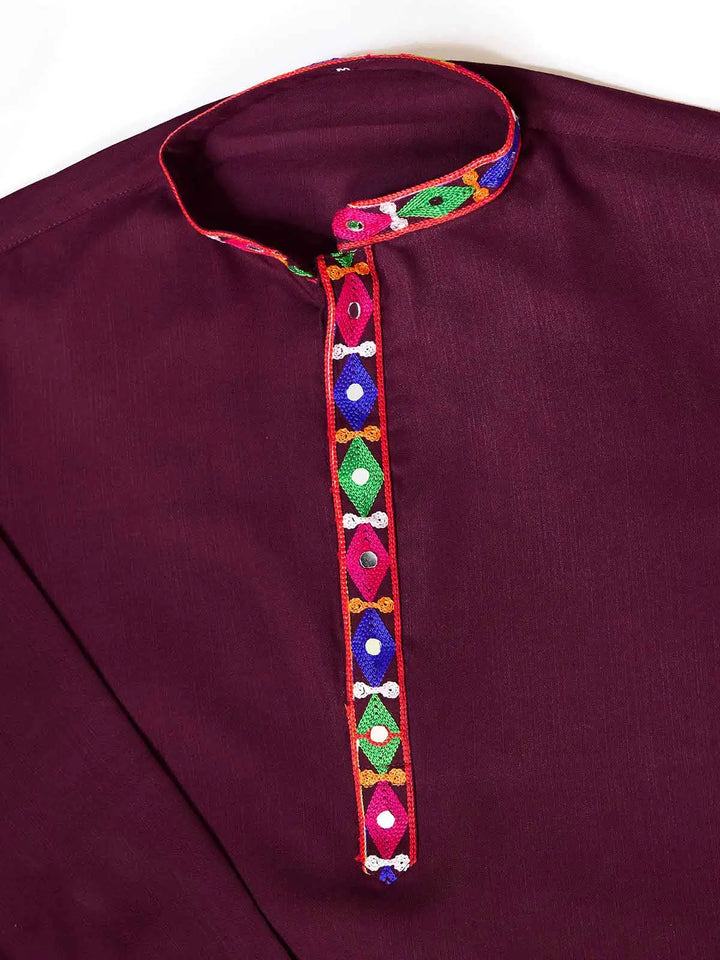 Wine Multi Thread And Real Mirror Work Kurta Set For Navratri - qivii