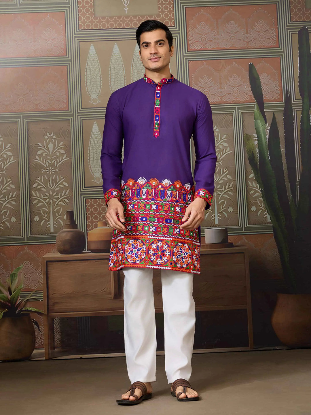 Purple Multi Thread And Real Mirror Work Kurta Set For Navratri - qivii