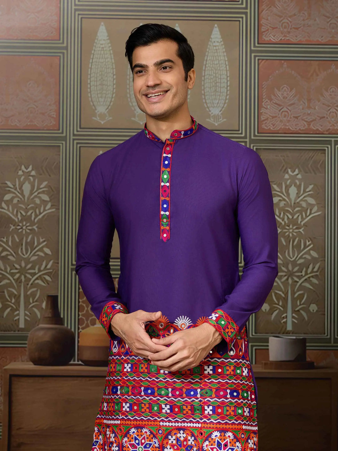 Purple Multi Thread And Real Mirror Work Kurta Set For Navratri - qivii