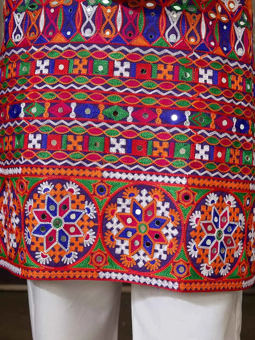 Purple Multi Thread And Real Mirror Work Kurta Set For Navratri - qivii