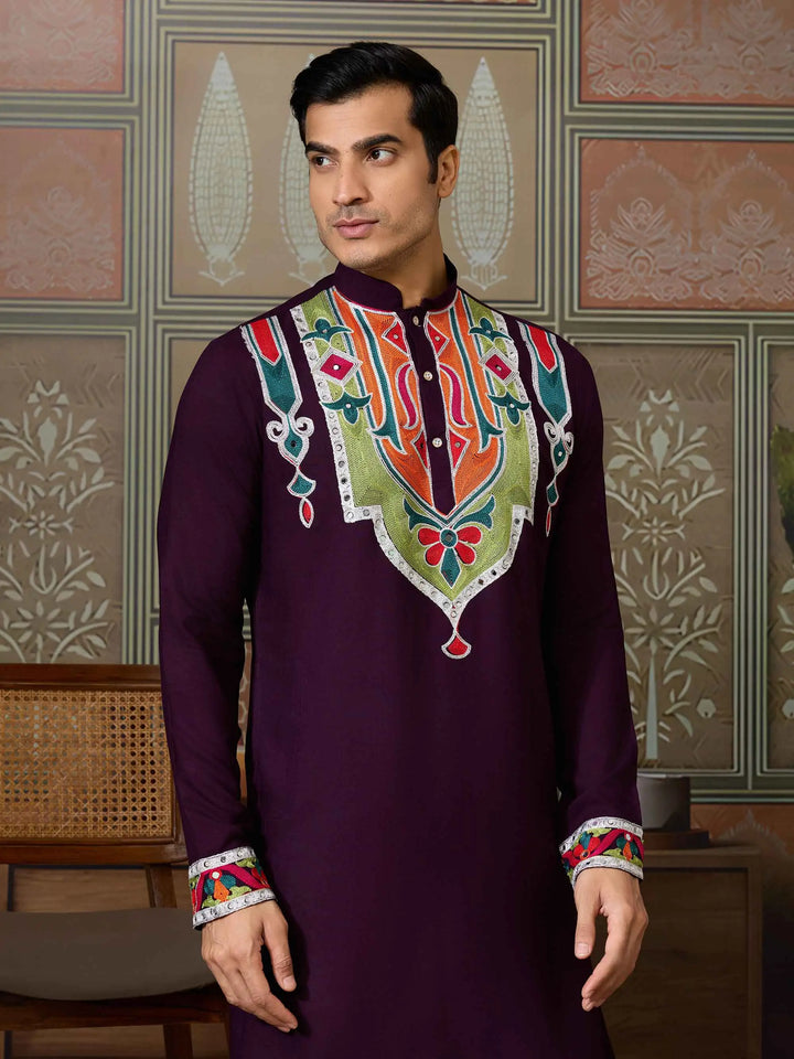 Purple Navratri Kurta Set Multi Thread And Real Mirror Work - qivii