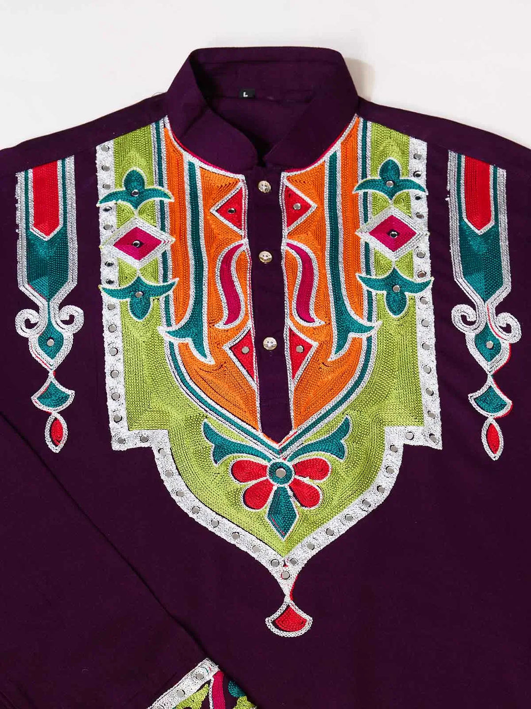 Purple Navratri Kurta Set Multi Thread And Real Mirror Work - qivii