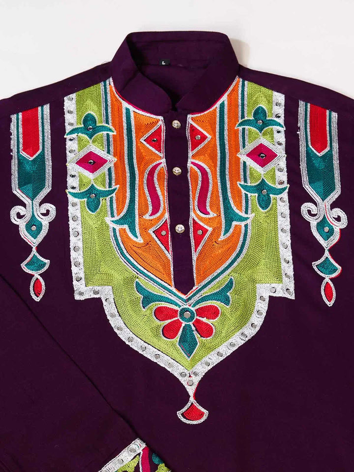 Purple Navratri Kurta Set Multi Thread And Real Mirror Work - qivii