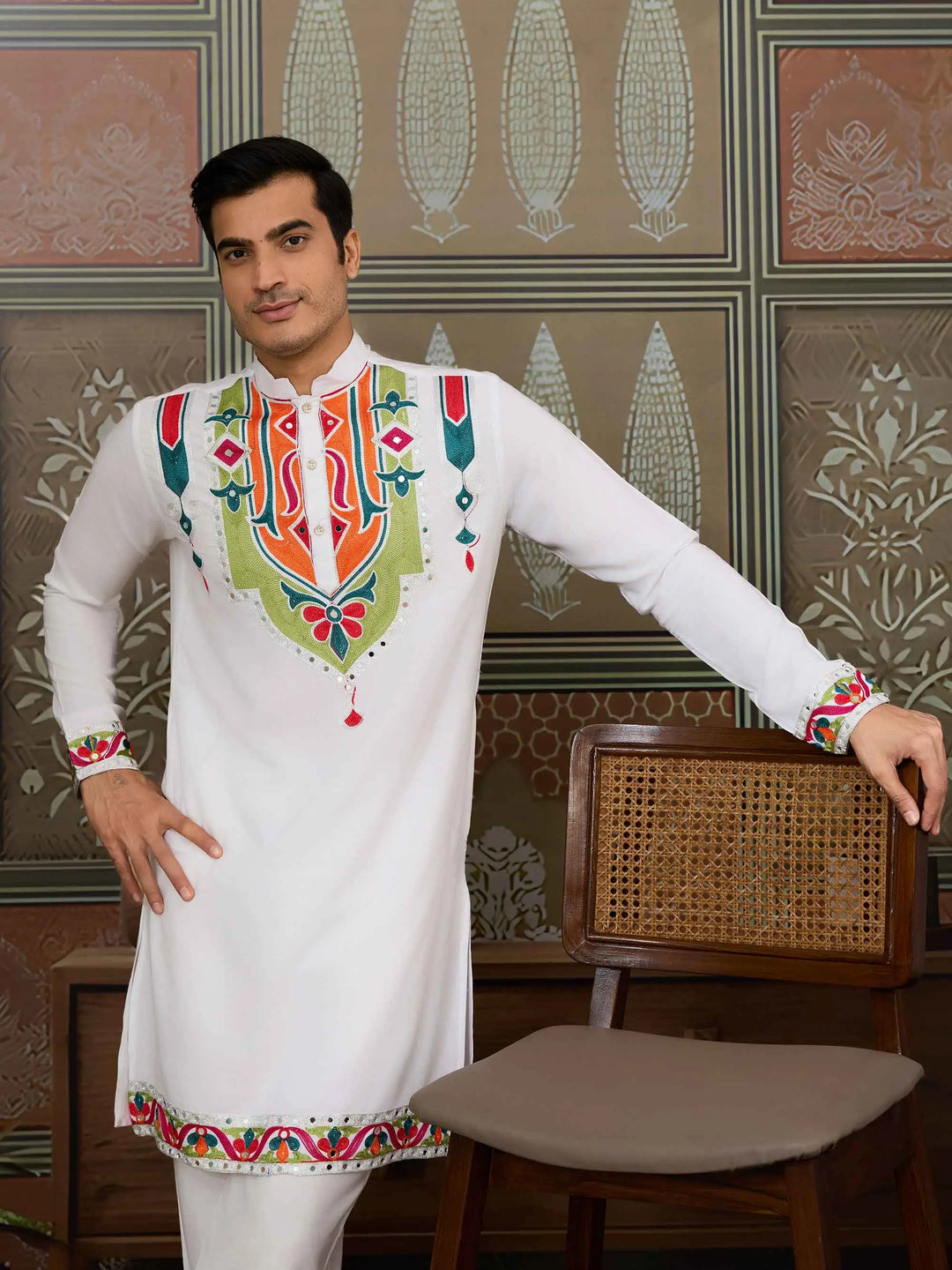 White Navratri Kurta Set Multi Thread And Real Mirror Work - qivii