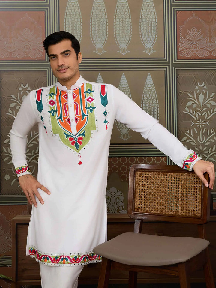 White Navratri Kurta Set Multi Thread And Real Mirror Work - qivii