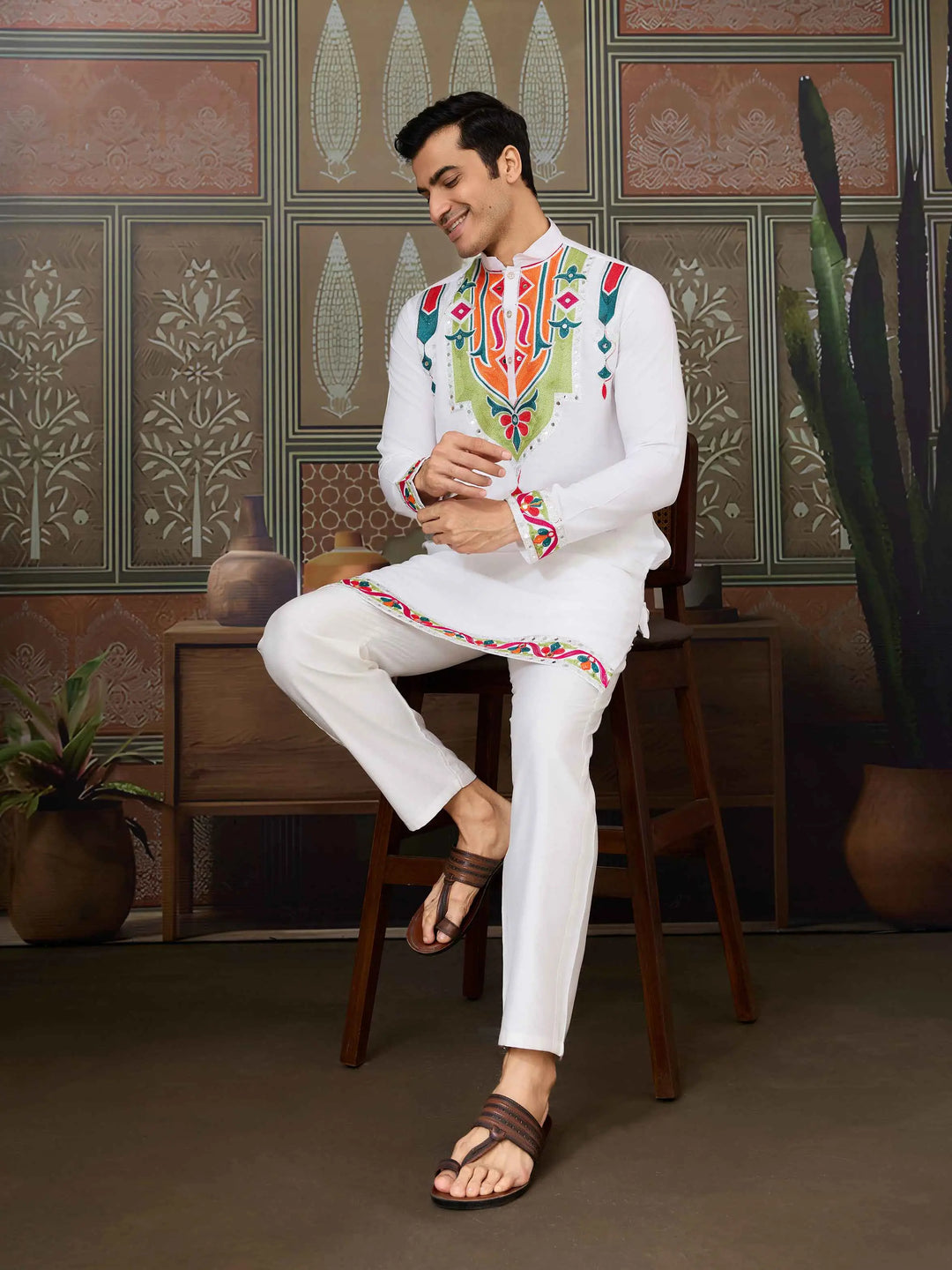 White Navratri Kurta Set Multi Thread And Real Mirror Work - qivii