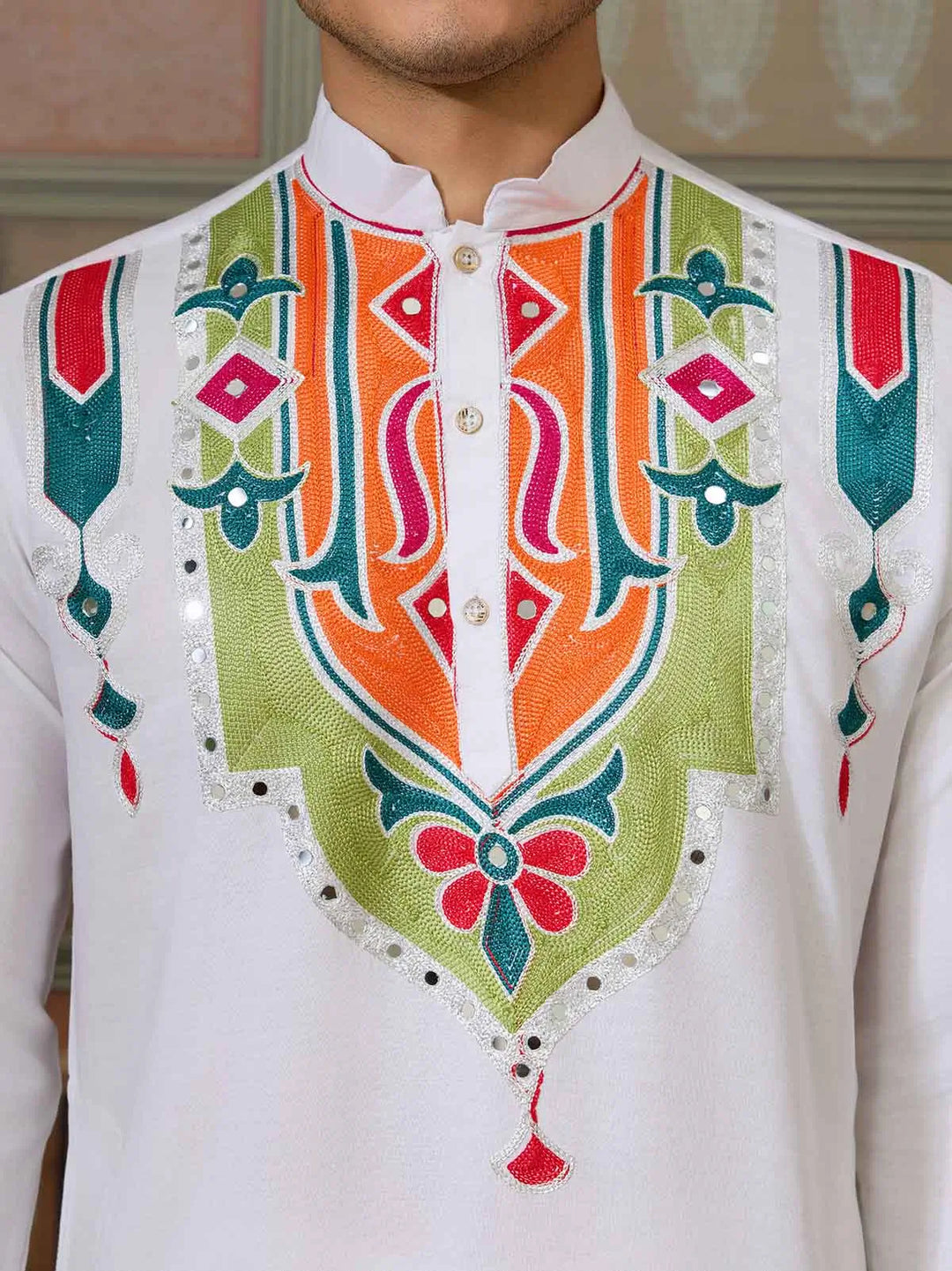 White Navratri Kurta Set Multi Thread And Real Mirror Work - qivii