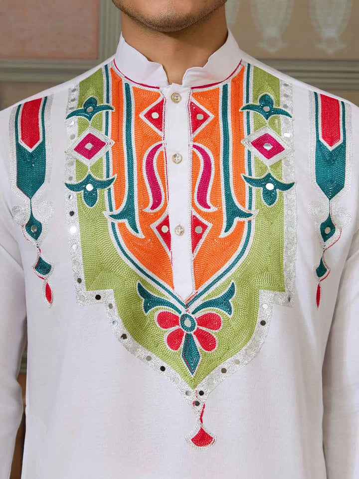 White Navratri Kurta Set Multi Thread And Real Mirror Work - qivii