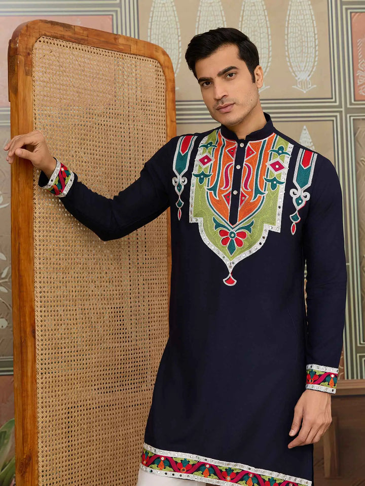 Navy Blue Navratri Kurta Set Multi Thread And Real Mirror Work - qivii