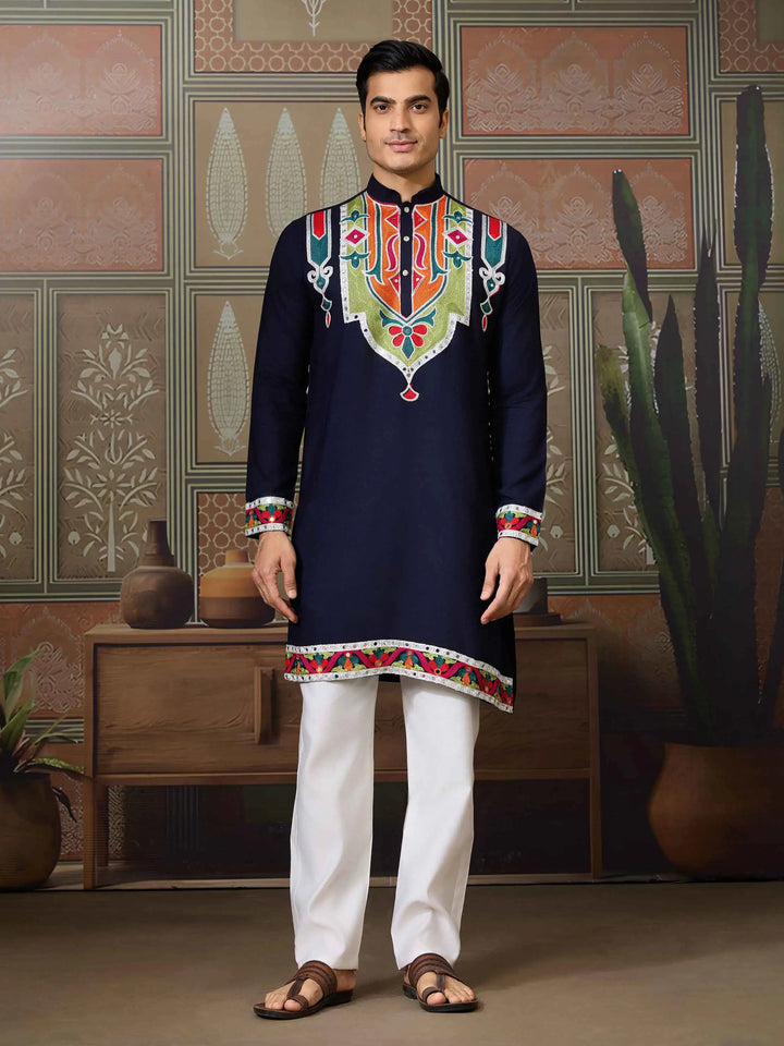 Navy Blue Navratri Kurta Set Multi Thread And Real Mirror Work - qivii