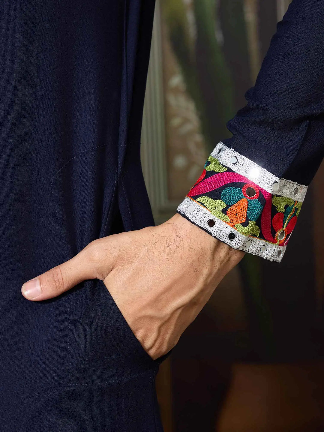 Navy Blue Navratri Kurta Set Multi Thread And Real Mirror Work - qivii