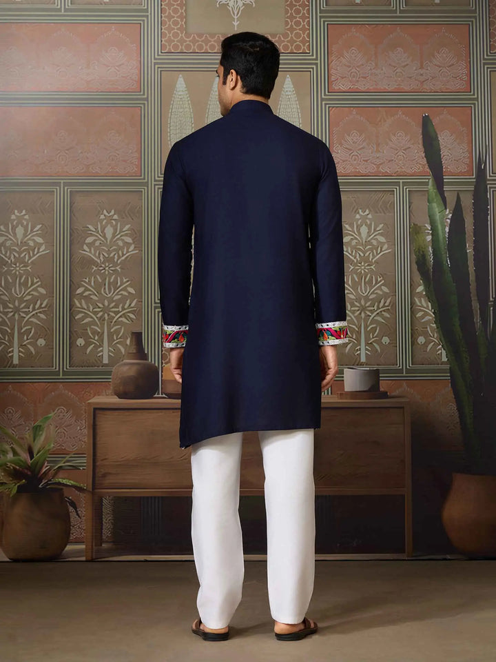 Navy Blue Navratri Kurta Set Multi Thread And Real Mirror Work - qivii
