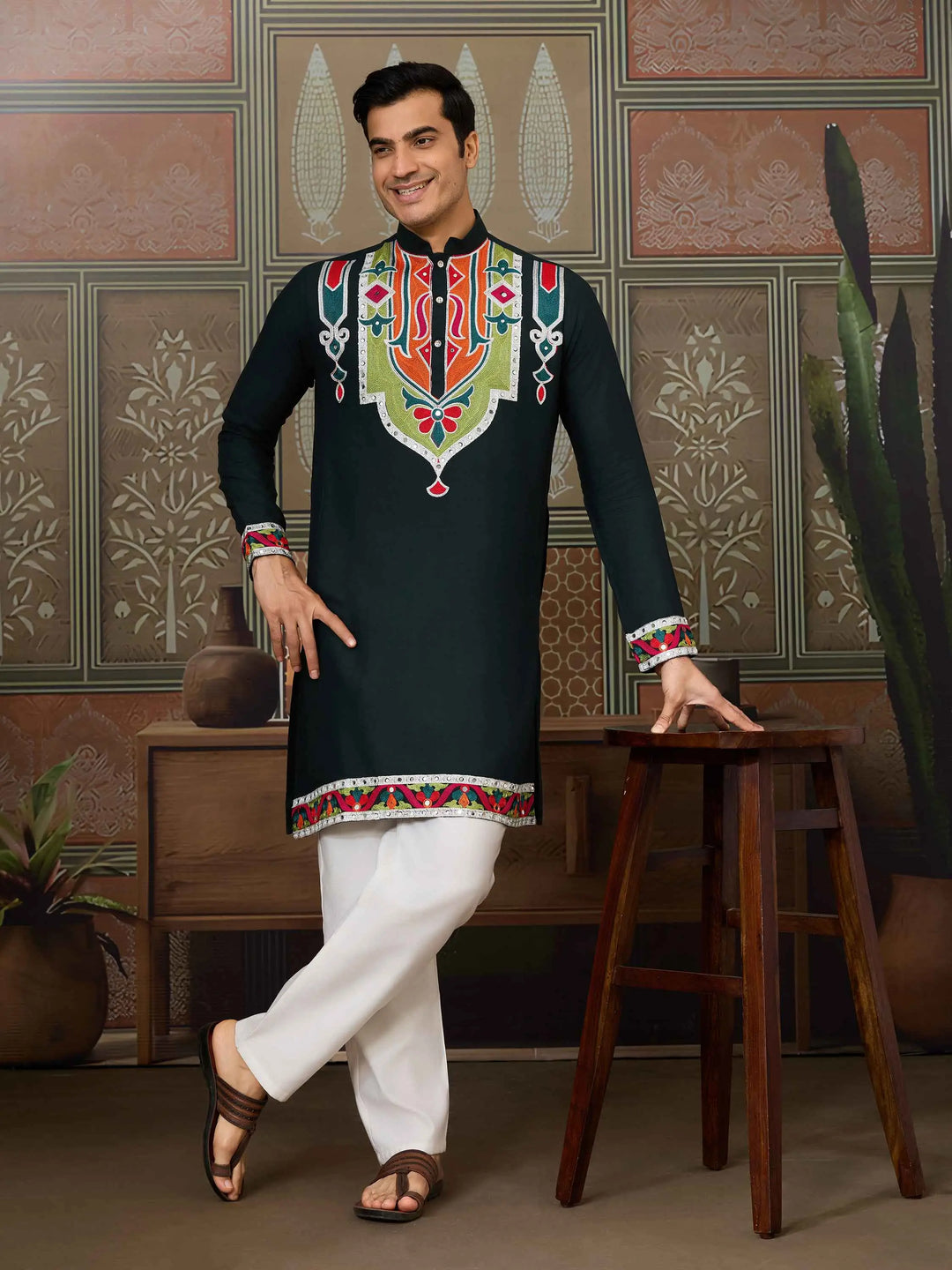 Dark Green Navratri Kurta Set Multi Thread And Real Mirror Work - qivii