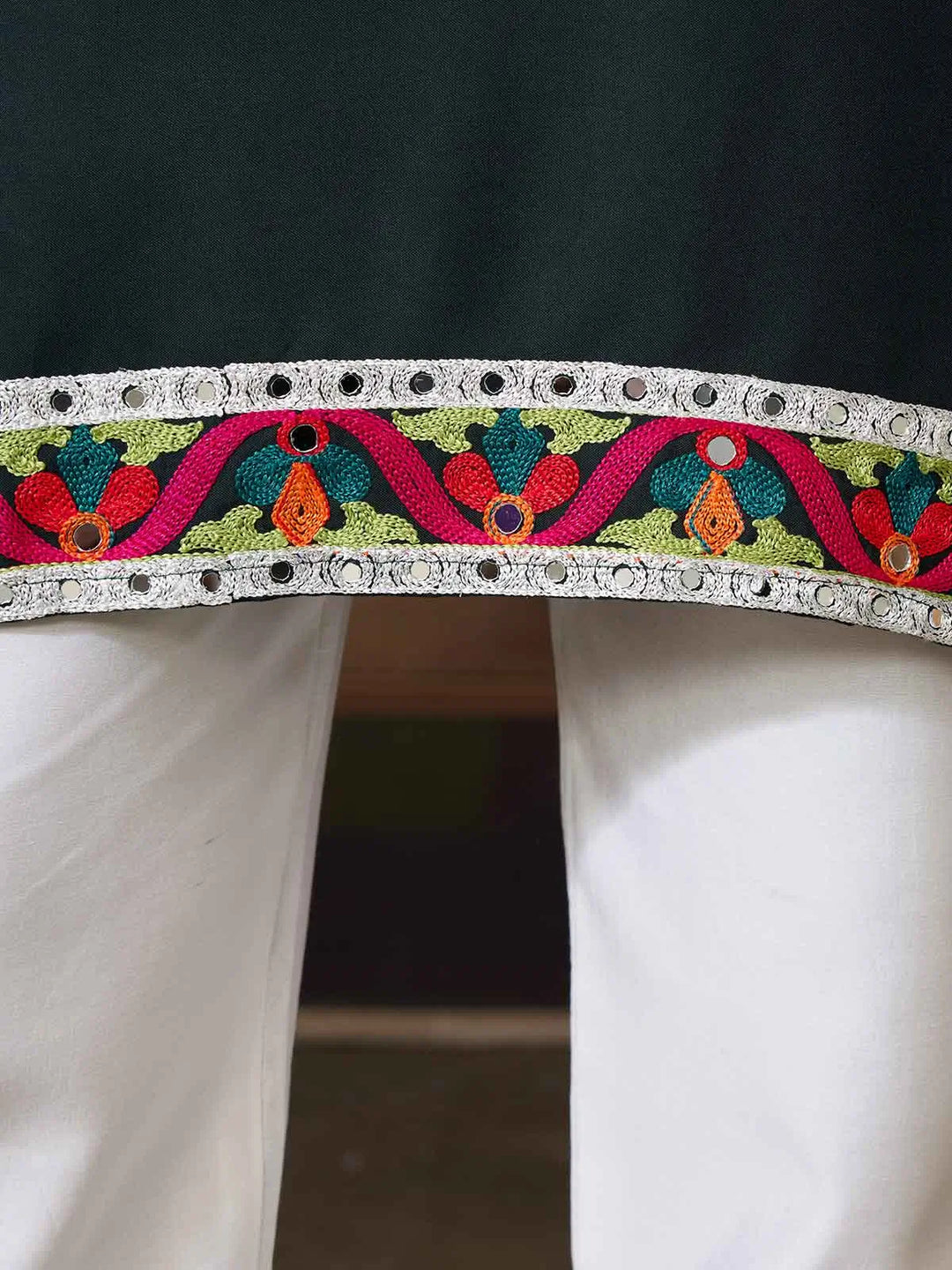 Dark Green Navratri Kurta Set Multi Thread And Real Mirror Work - qivii