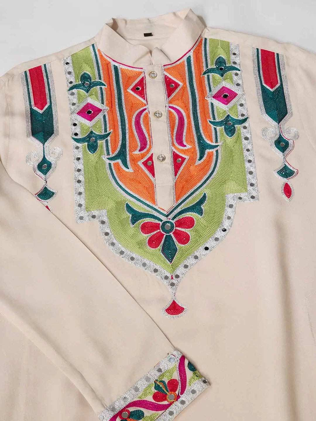 Cream Navratri Kurta Set Multi Thread And Real Mirror Work - qivii