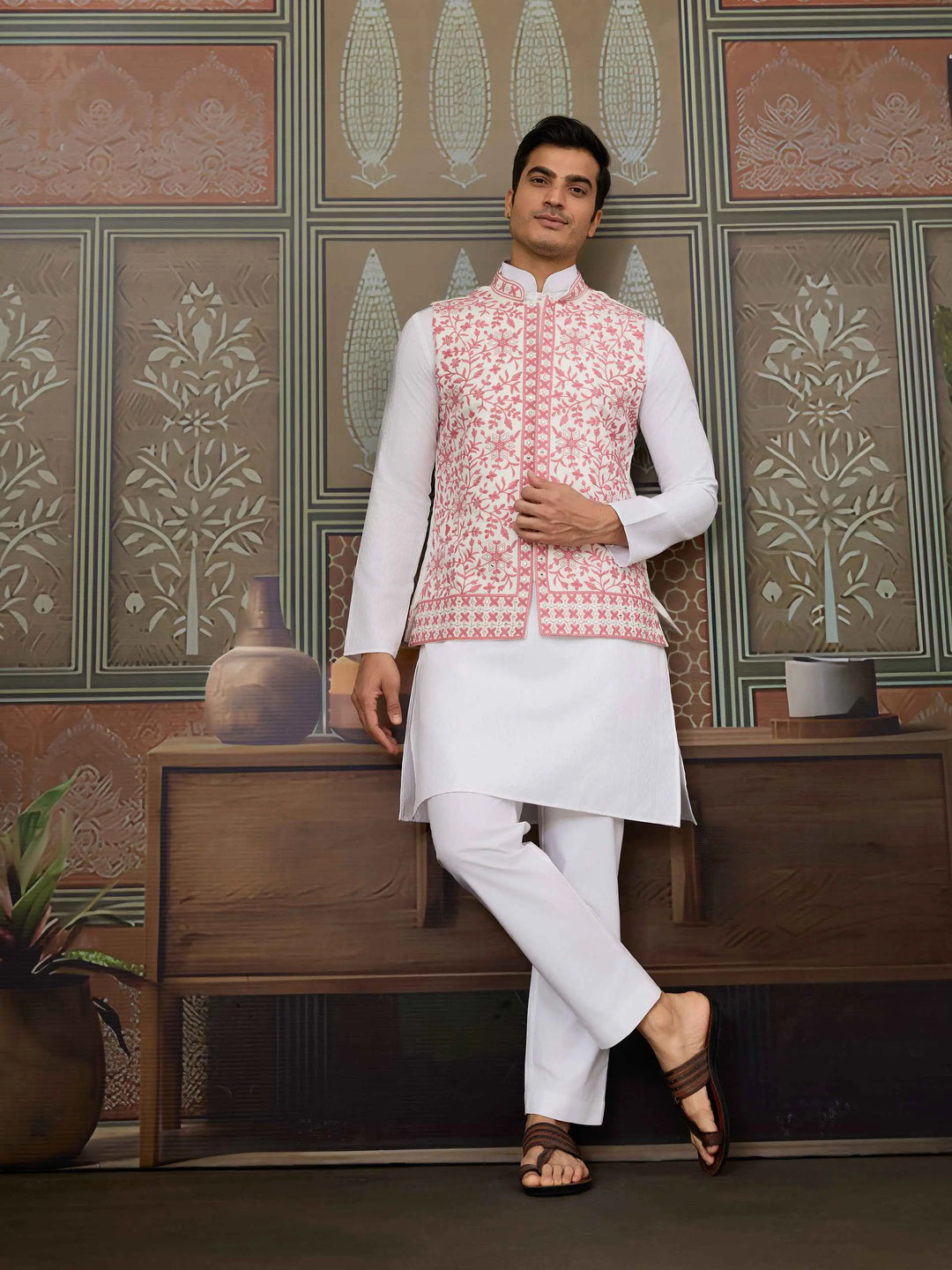 Peach Silk Kurta Set With Embroidery & Mirror Work Koti - qivii