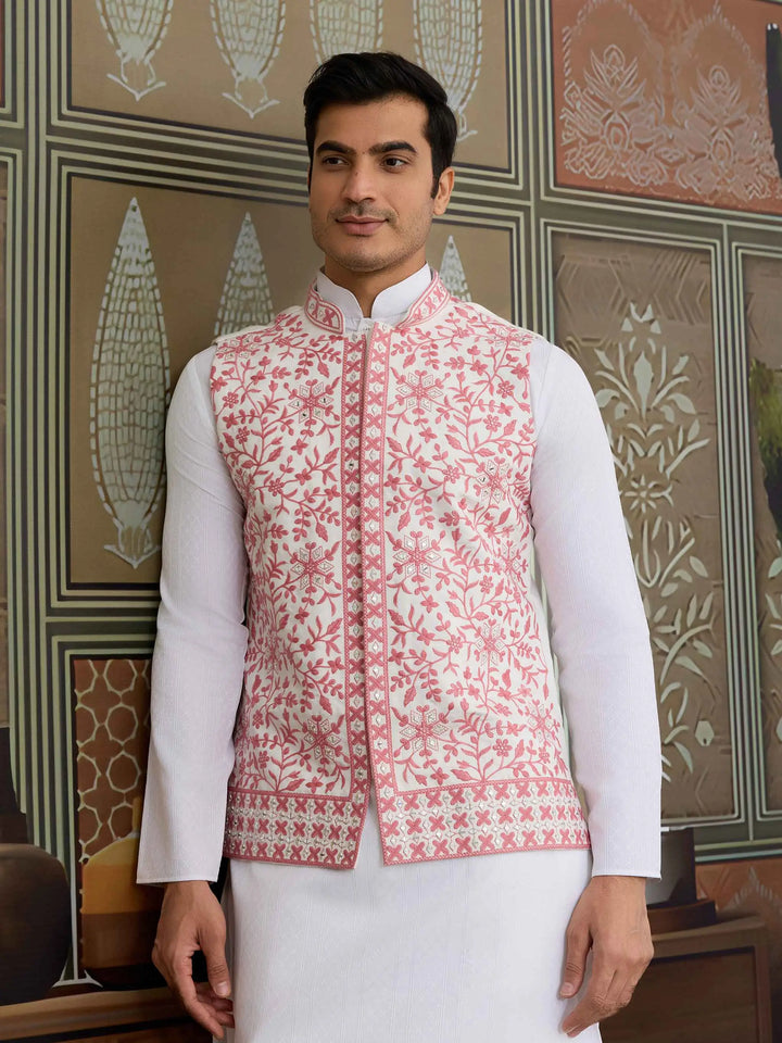 Peach Silk Kurta Set With Embroidery & Mirror Work Koti - qivii