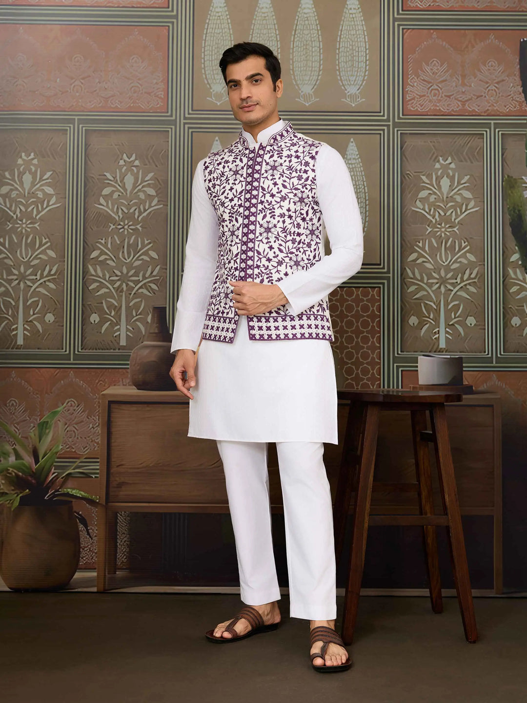 Purple Silk Kurta Set With Embroidery & Mirror Work Koti - qivii