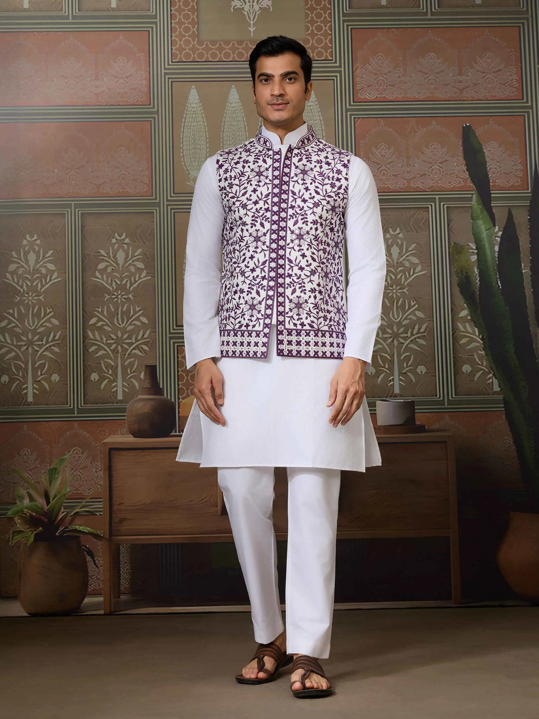 Purple Silk Kurta Set With Embroidery & Mirror Work Koti - qivii