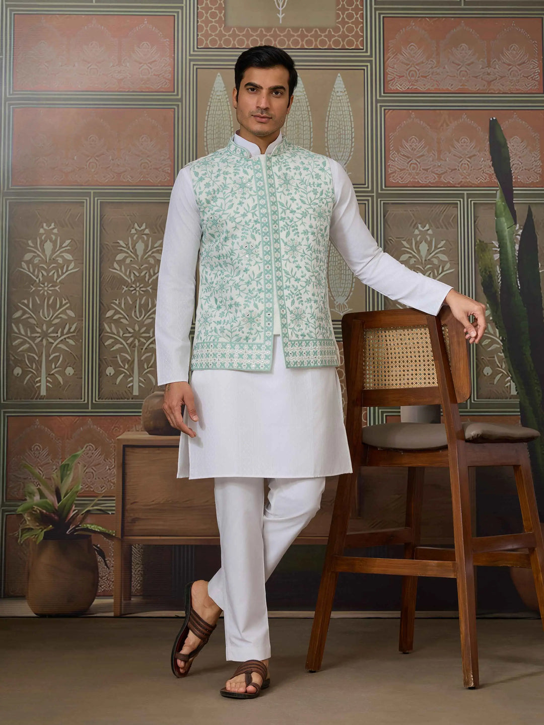 Green Silk Kurta Set With Embroidery & Mirror Work Koti - qivii