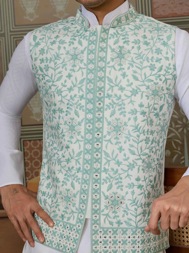 Green Silk Kurta Set With Embroidery & Mirror Work Koti - qivii