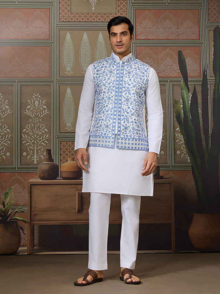 Blue Silk Kurta Set With Embroidery & Mirror Work Koti - qivii