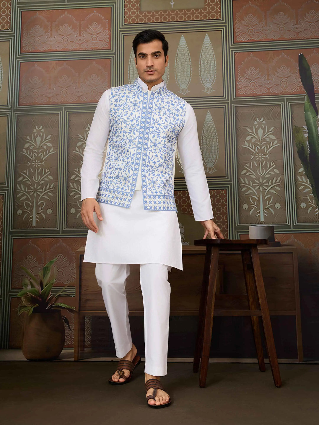 Blue Silk Kurta Set With Embroidery & Mirror Work Koti - qivii