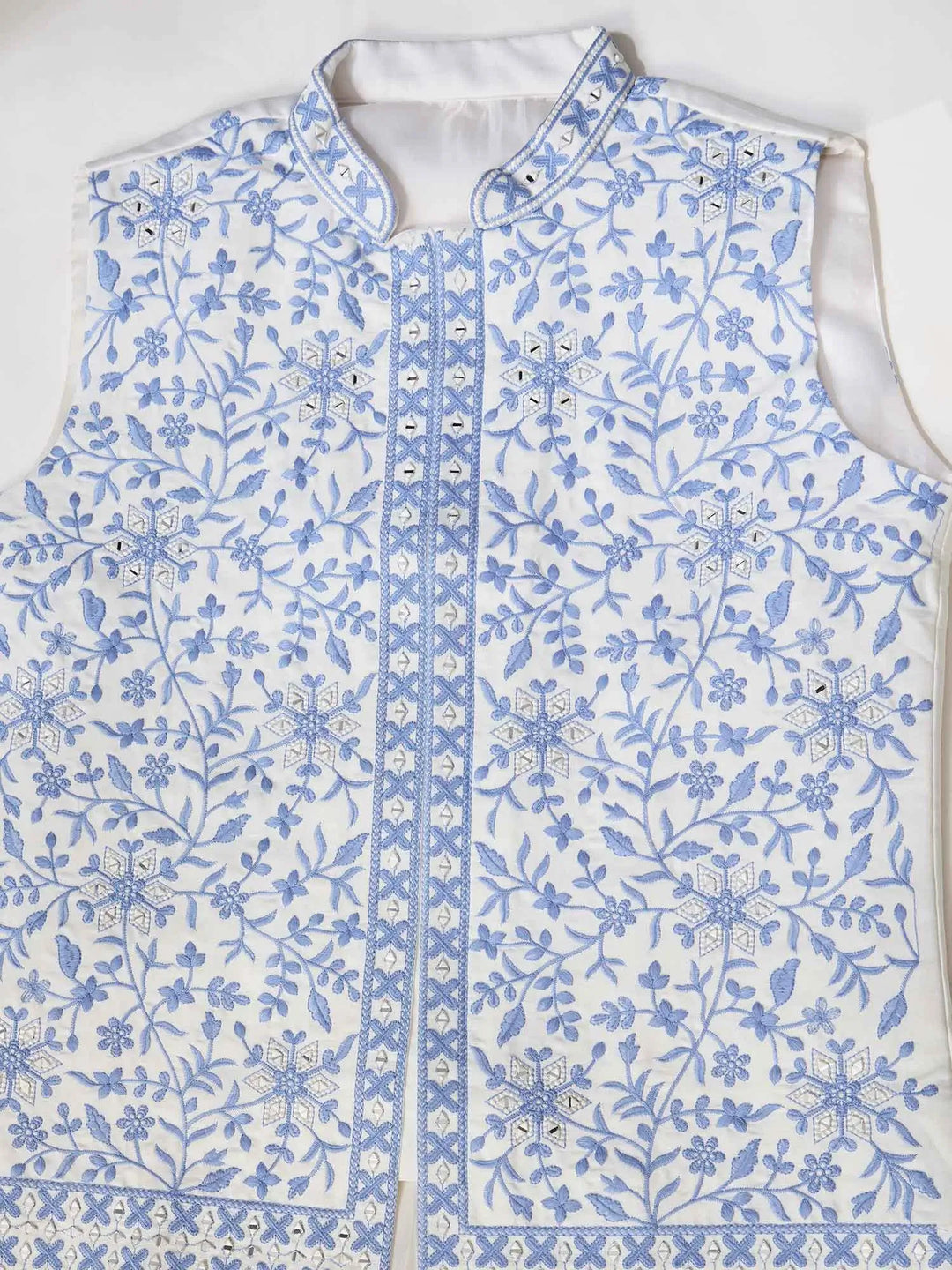 Blue Silk Kurta Set With Embroidery & Mirror Work Koti - qivii