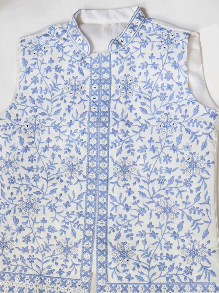 Blue Silk Kurta Set With Embroidery & Mirror Work Koti - qivii