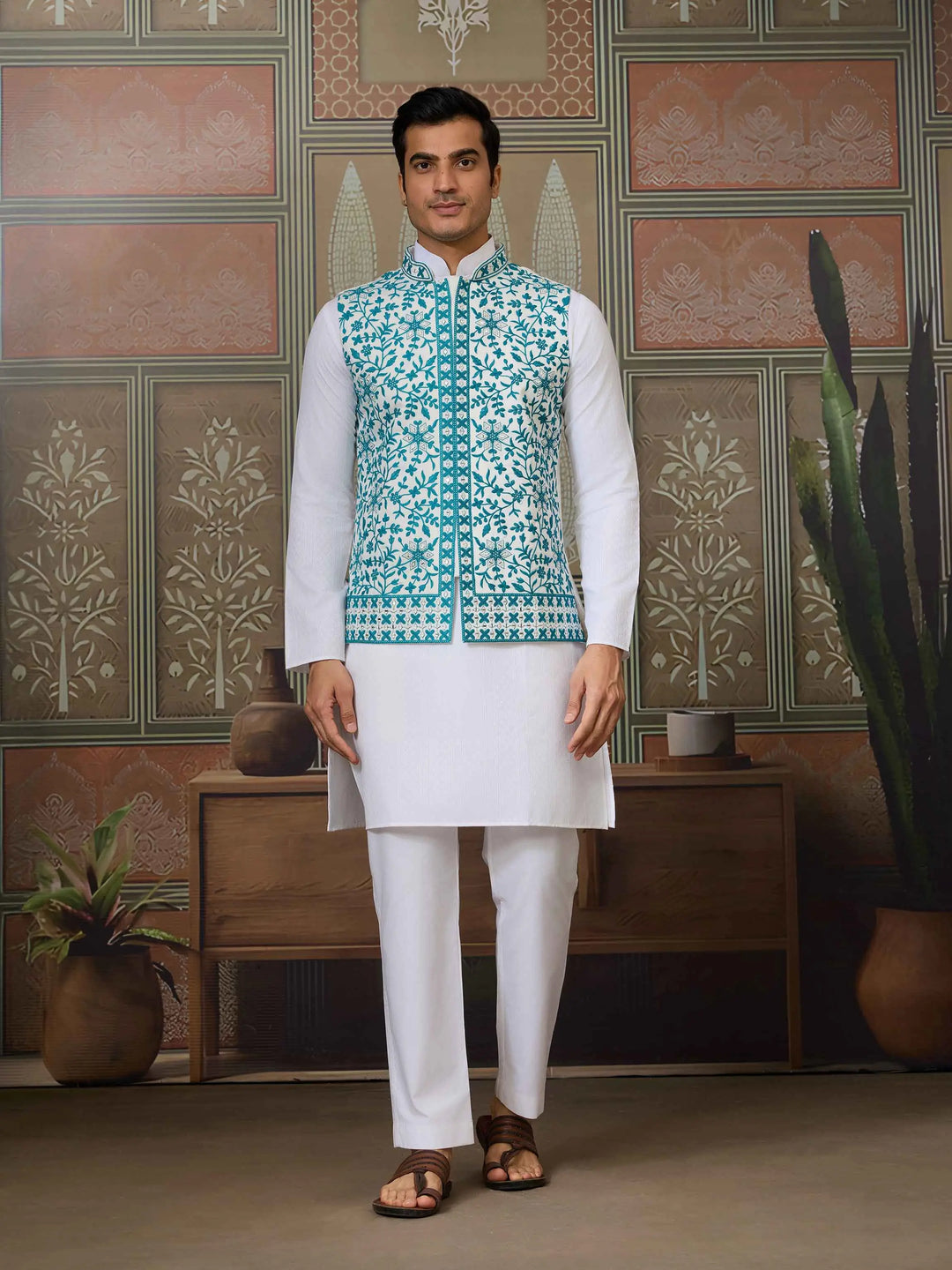 Teal Blue Silk Kurta Set With Embroidery & Mirror Koti - qivii